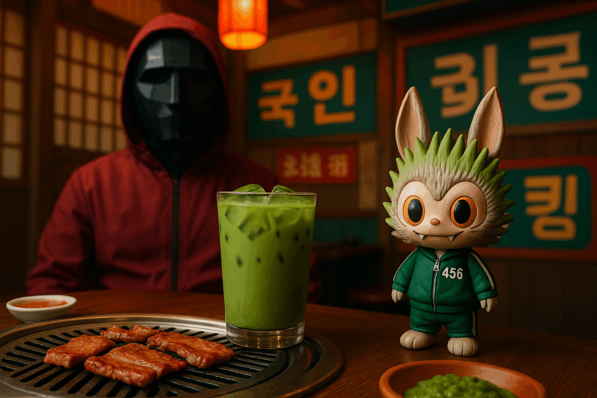 Landscape image featuring the interior of a lively Korean BBQ restaurant in the background, with a Squid Game mask, an iced matcha latte, and a Labubu doll prominently displayed in the foreground. The composition is vibrant and visually engaging, designed as an eye-catching featured image for a blog about Asian pop culture trends.